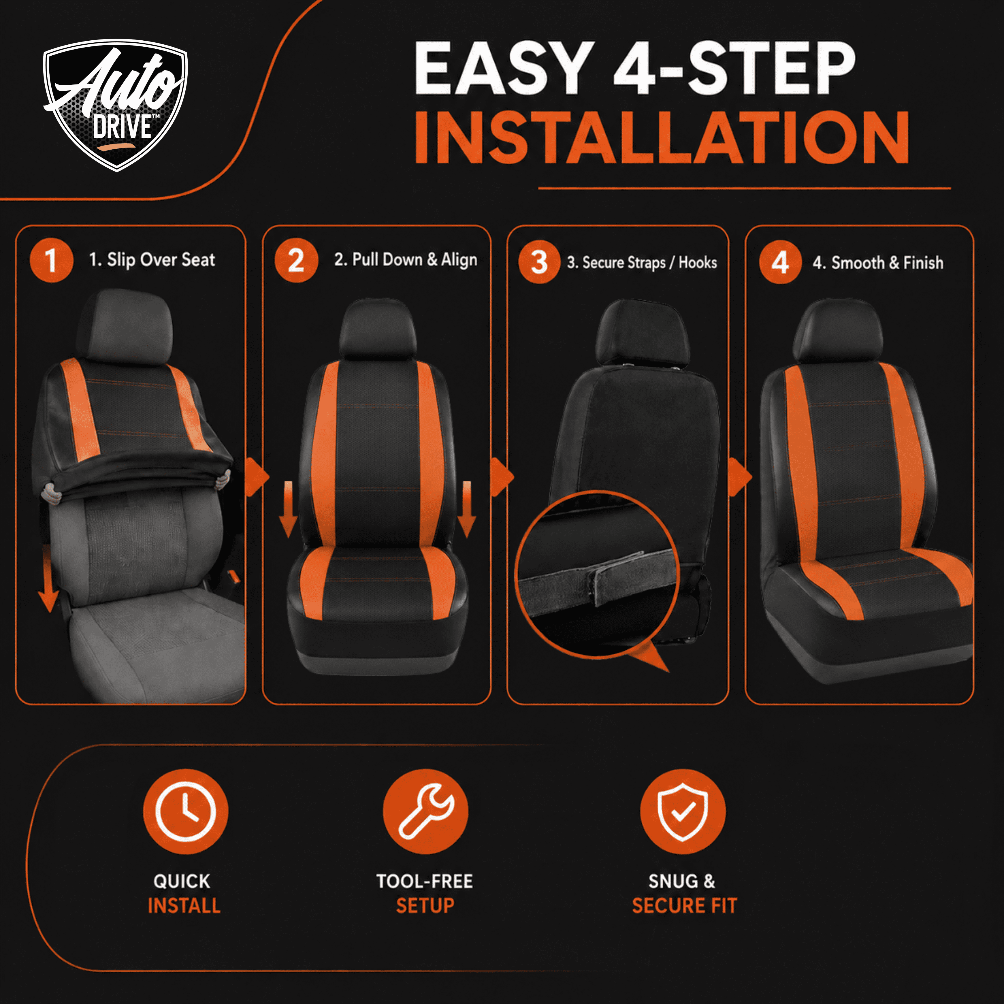 Auto Drive Car Seat Covers, Two-Tone Fabric Front Seat Protector, Breathable Comfortable, Anti-Slip Airbag Compatible Universal Fit for Cars SUVs Trucks,Orange