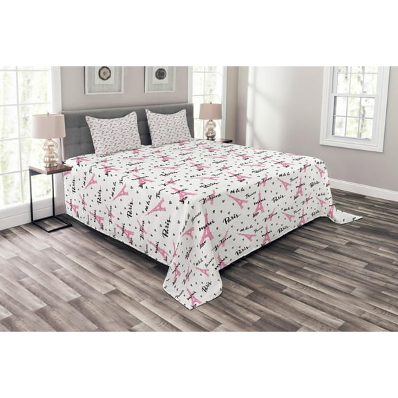 Ambesonne Paris Quilted Bedspread Set 3 Pcs, Je Taime Romance Hearts, King Size, Pale Pink White