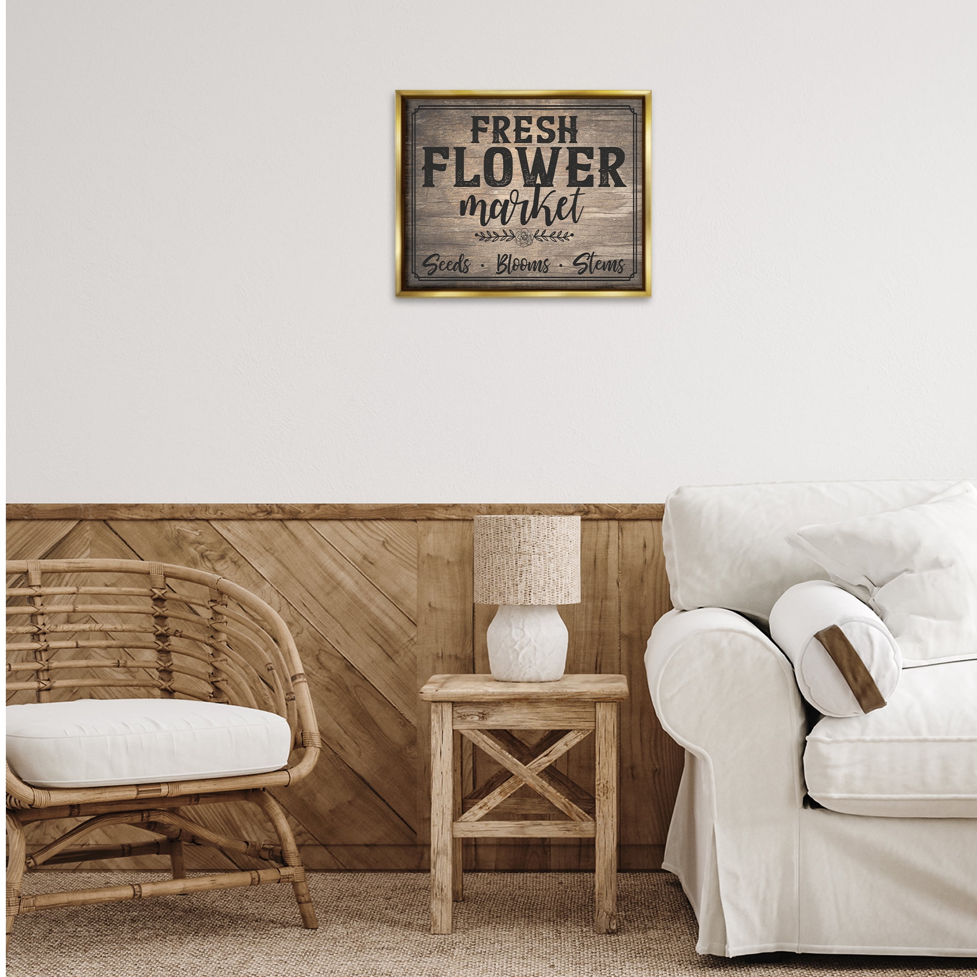 Stupell Industries Rustic Flower Market Text & Numbers Painting Gold Floater Framed Canvas Art Print Wall Art, 21 x 17
