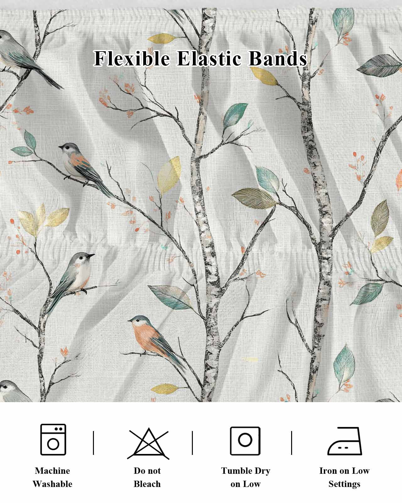 Vintage Botanical Wrap Around Bed Skirts for Queen Bed 16" Drop, Bed Skirt with Adjustable Elastic Belt Dust Ruffle Bed Valance for Bedroom Hotel Luxury Birds Branch Watercolor Leaf Bed Frame Cover