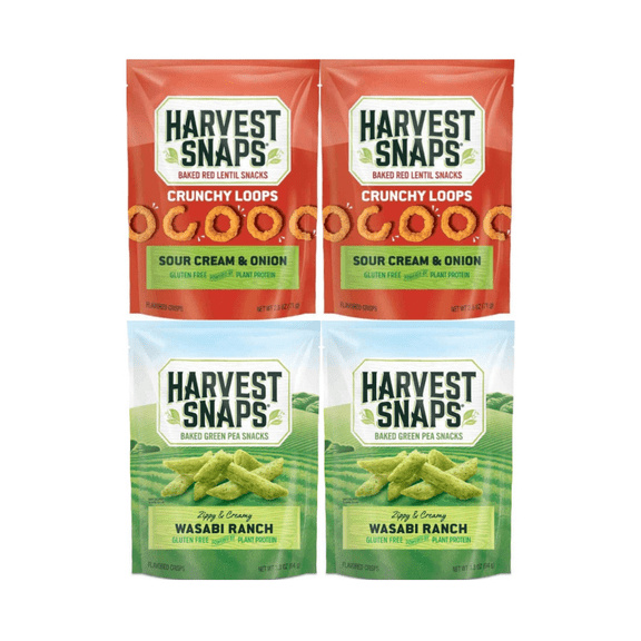 Harvest Snaps Veggie Chips Multipack 4 Count – Includes 2 Bags Sour Cream & Onion 2.5oz and 2 Bags Wasabi Ranch 3.3oz – Baked Green Pea Crisps – Crunchy Gluten Free Snack Pack