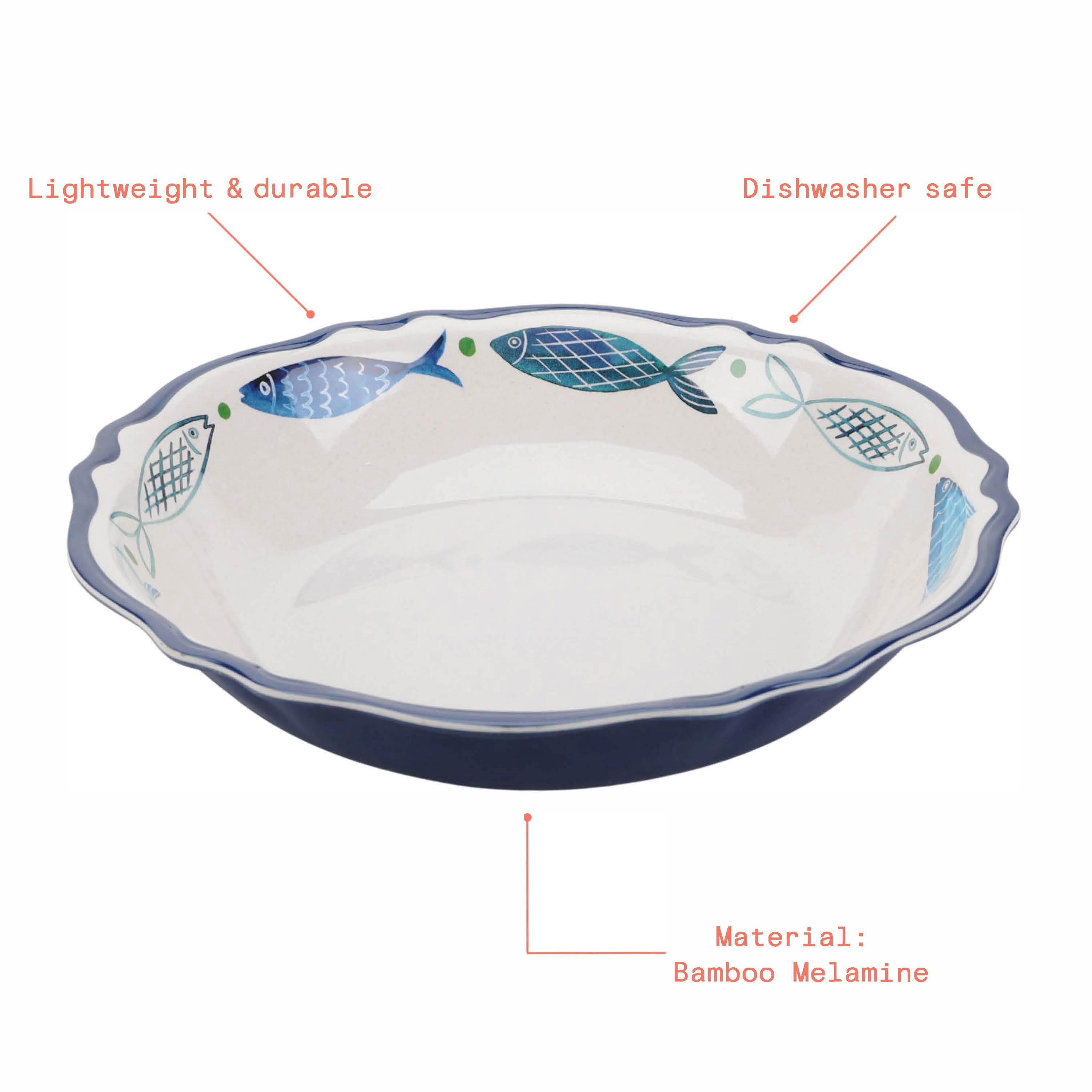 Beautiful by Drew Barrymore Round Serve Bowl, Bamboo Melamine Sardine Pattern, 14 in x 2.7 in