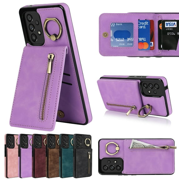 ELEHOLD for Samsung Galaxy A53 5G 6.5" Vintage Leather Wallet Case,Practical Card Holders RFID Blocking Zipper Wallet Kickstand Ring Holder Shockproof Anti-Scratch Case for Women Men,Purple