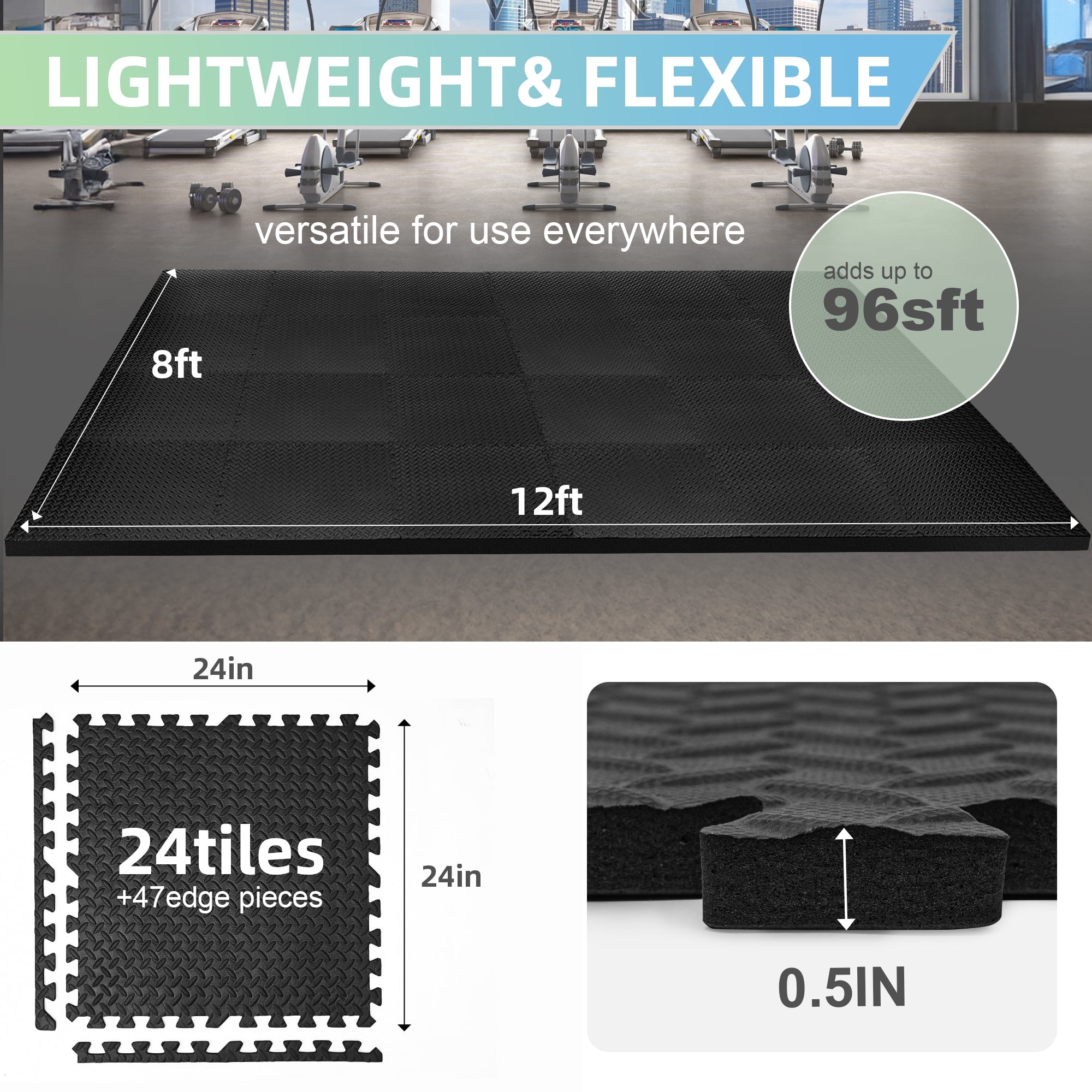 FIXTECH Puzzle Exercise Mat, EVA Interlocking Foam Floor Tiles for Home Gym, Mat for Home Workout Equipment, Floor Padding for Kids, Black, 24 in X 24 in X ½in, 96 Sq ft - 24 Tiles