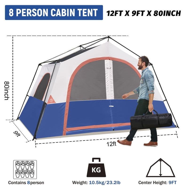 HIKERGARDEN 8 Person Camping Tent - Portable Family Cabin Tent for Camp, Windproof Fabric Camp Tent Outdoor for Hiking, Backpacking, Traveling