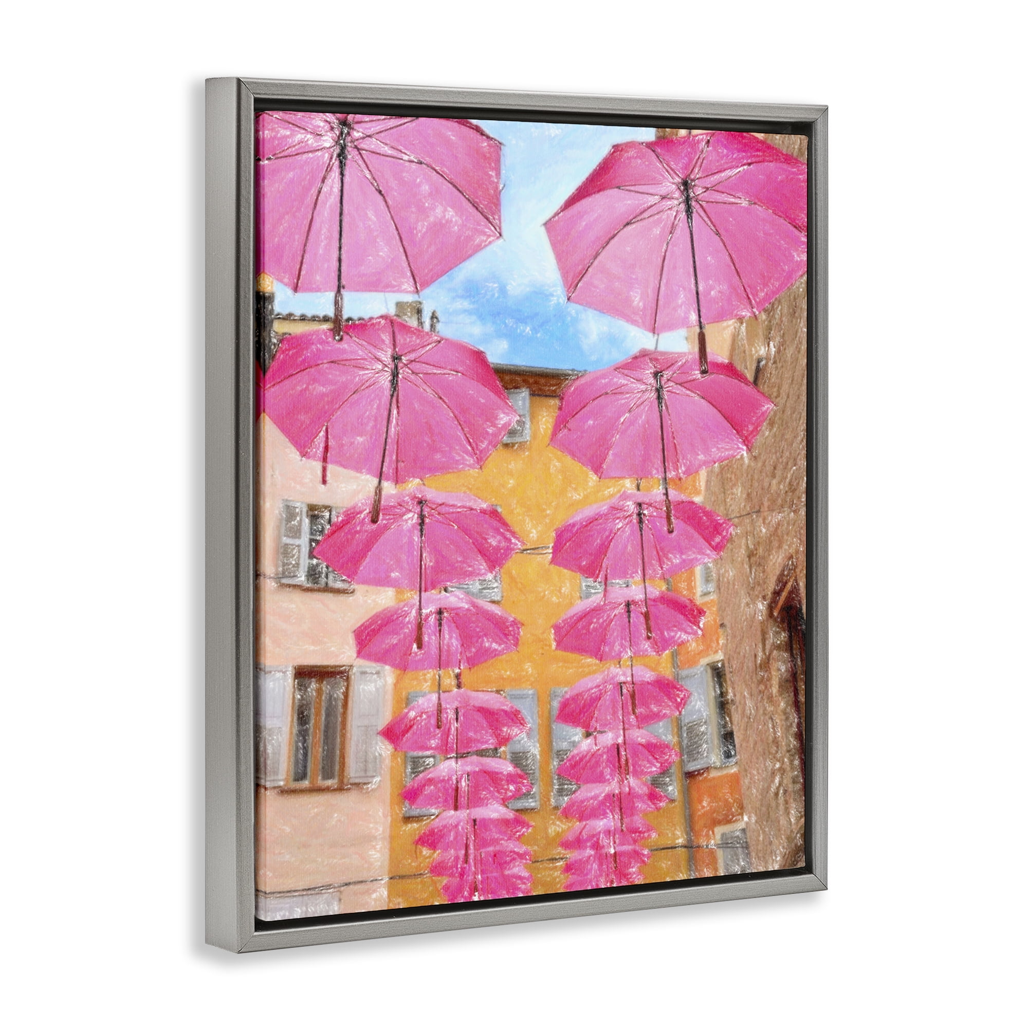 Stupell Industries Pink Umbrellas in Town Buildings & Architecture Painting Gray Floater Framed Canvas Art Print Wall Art, 17 x 21