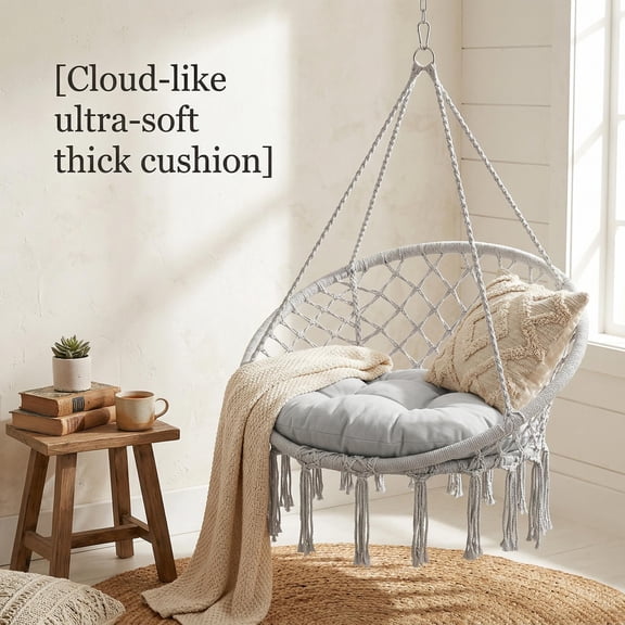 Portable Hanging Chair, Swing Chair for Bedroom with Thick Cushion, Sturdy Macrame Swing Chair for Bedroom Balcony Porch with Installation Accessories