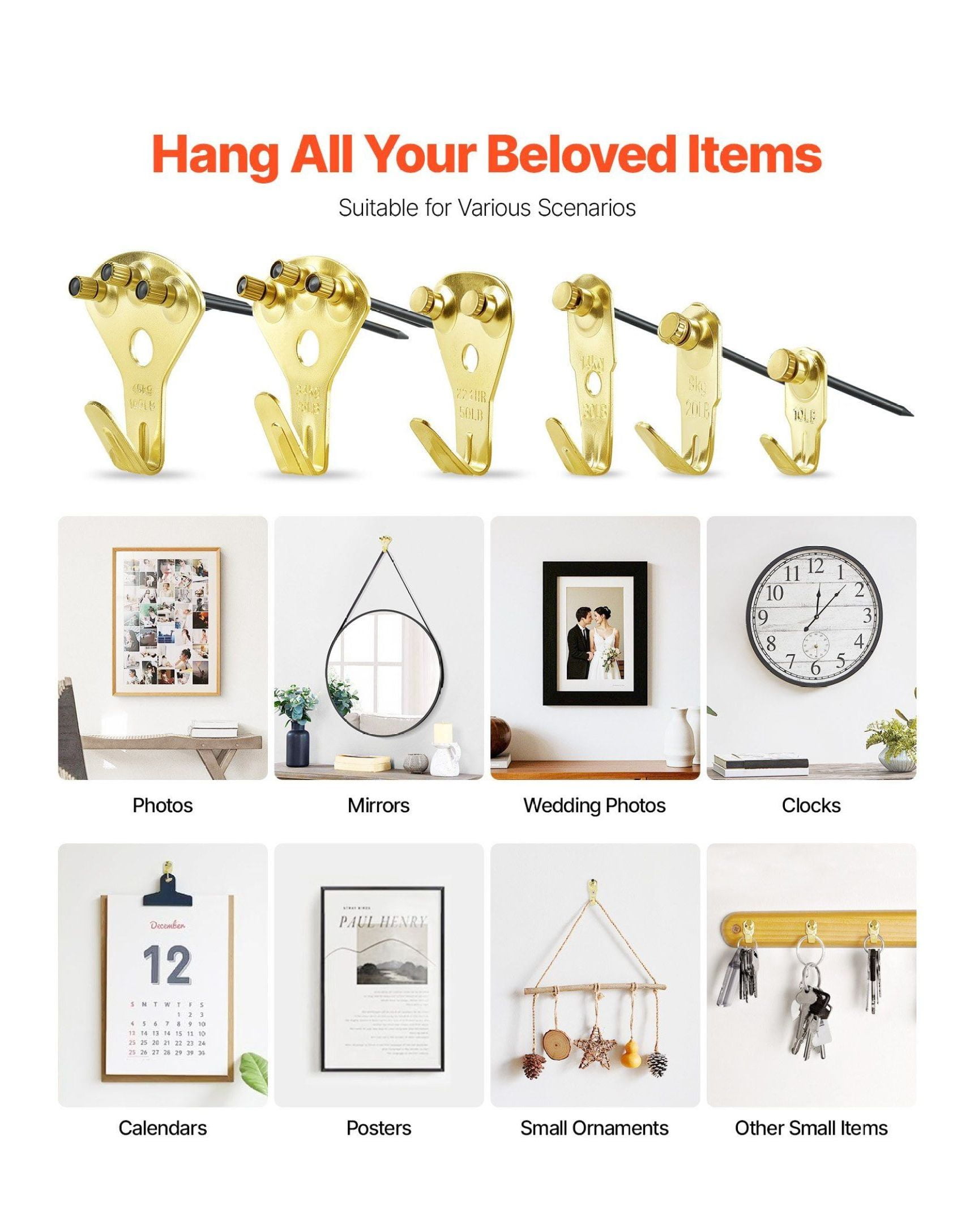 Picture Frame Hanging Kit 130 Pcs - 10lbs to 100lbs Capacity - Metal Photo Hooks with Nails - German Style Wall Hanging Hardware for Pictures, Mirrors, & Decor