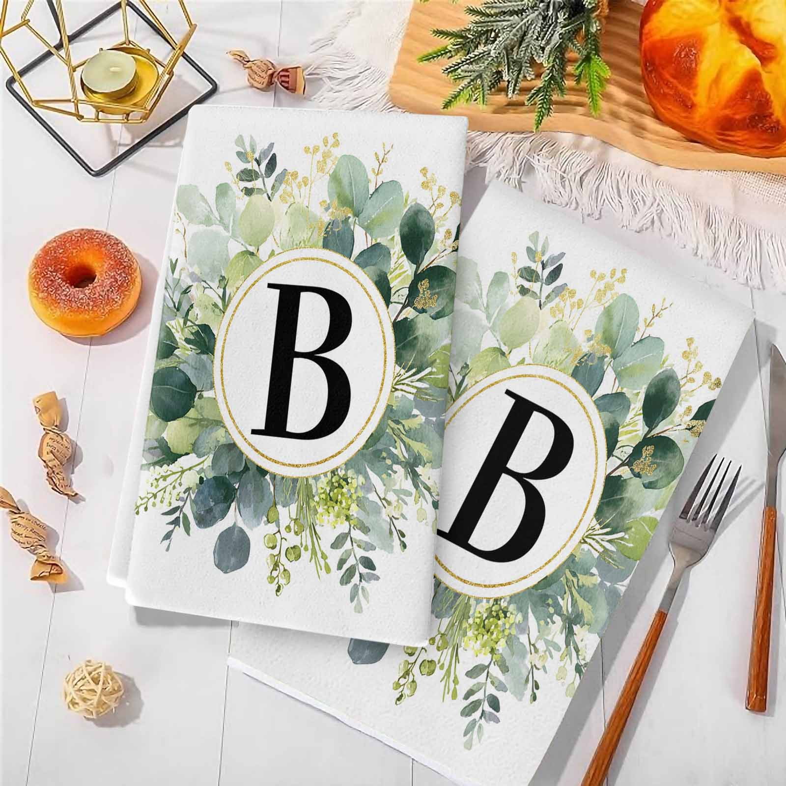Dish Towels, Letter B Absorbent Kitchen Towels 2 PCS, Alphabet Green Eucalyptus Leaves Microfiber Hand Towels Dish Cloths Tea Towels for Home&nbsp;Bathroom Cleaning Drying,18X28-Inch,