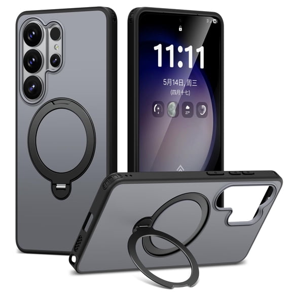 Poweltek Magnetic Phone Case for Samsung S26 Ultra with Ring Kickstand, Shockproof Drop Protection Translucent Hard PC TPU Back Cover, Black