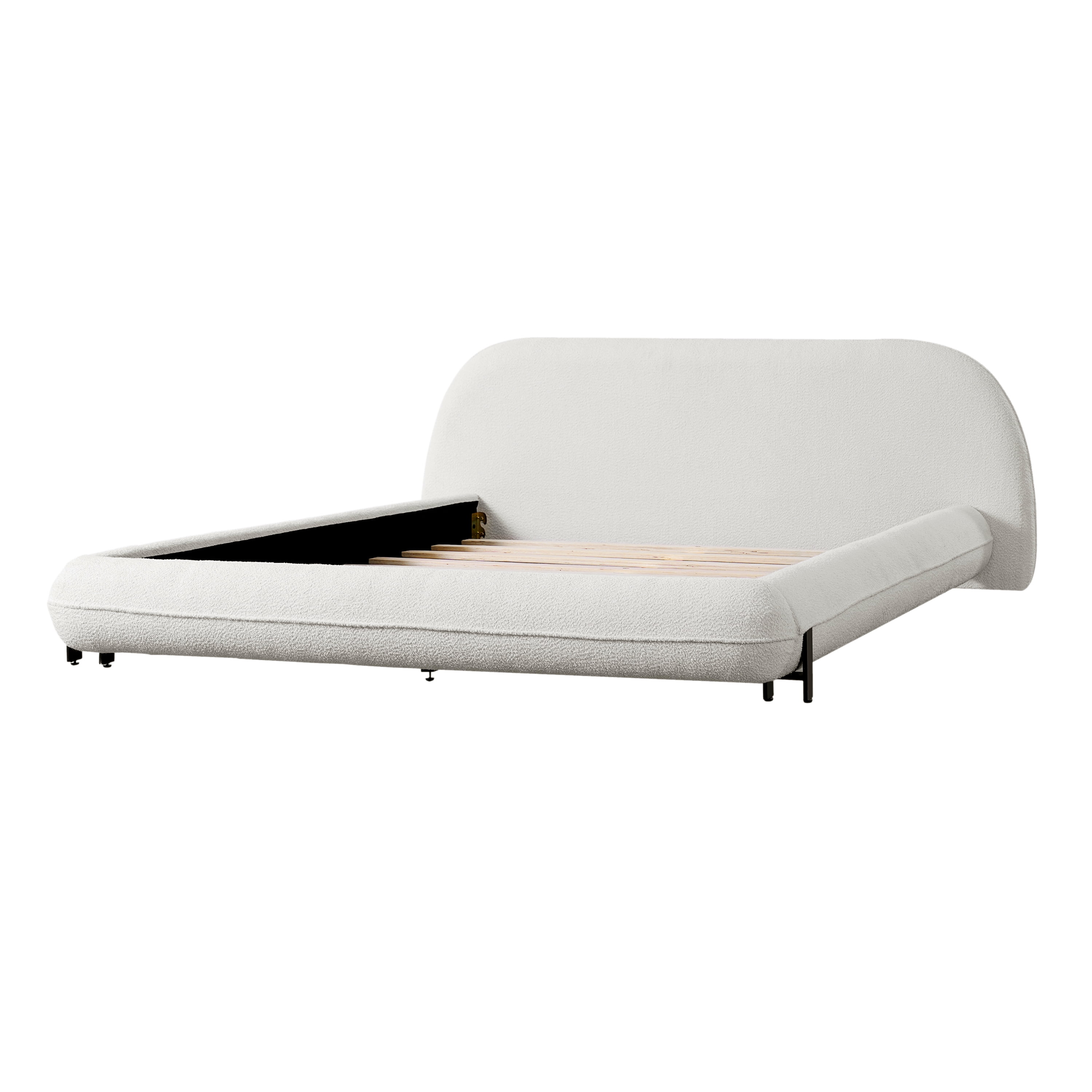 Queen Size Upholstered Bed Frame with Soft Boucle Fabric & Steel Legs, Thick Padded Headboard Platform Bed for Bedroom, White
