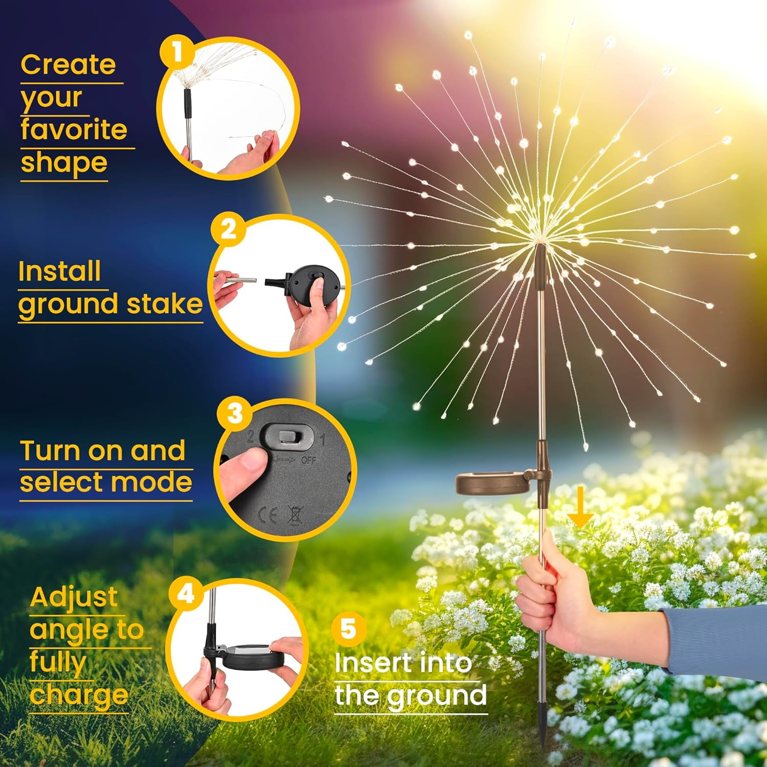 Garden Outdoor Decor Lights 120 LED 8 Pack, Firework Solar Garden Lights for Yard Outside Fairy Decorative,Solar Powered for Yard Pathway Flowerbed Planter Balcony Patio Decor
