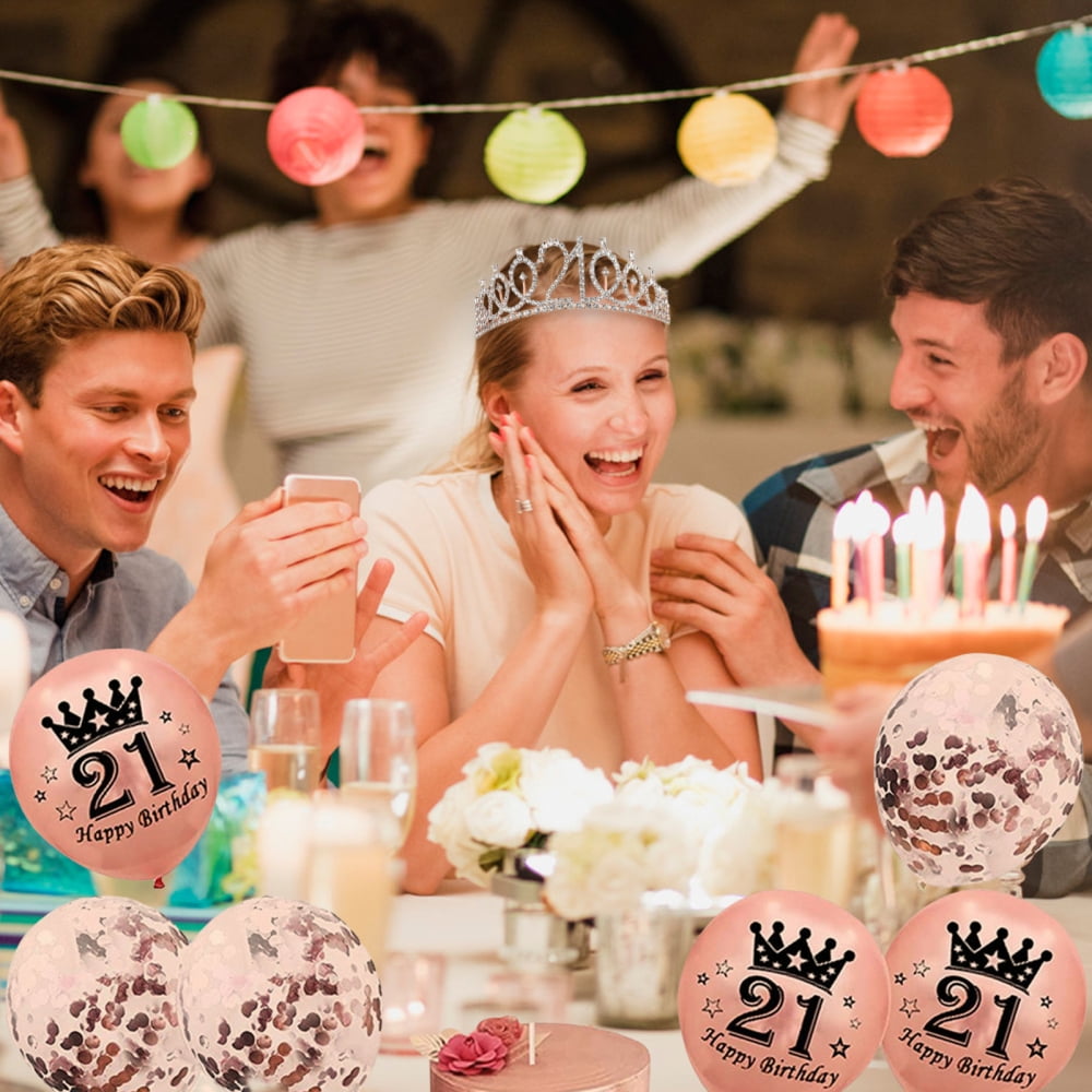 Finally 21 Birthday Party Set Crown Balloons Candles Cake Toppers Rose