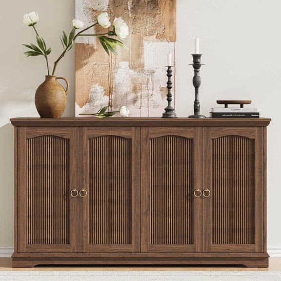HoopieHome Mid-Century Sideboard Buffet Cabinet with 4 Doors, Adjustable Shelves, Gold Ring Pulls, 55 Inch