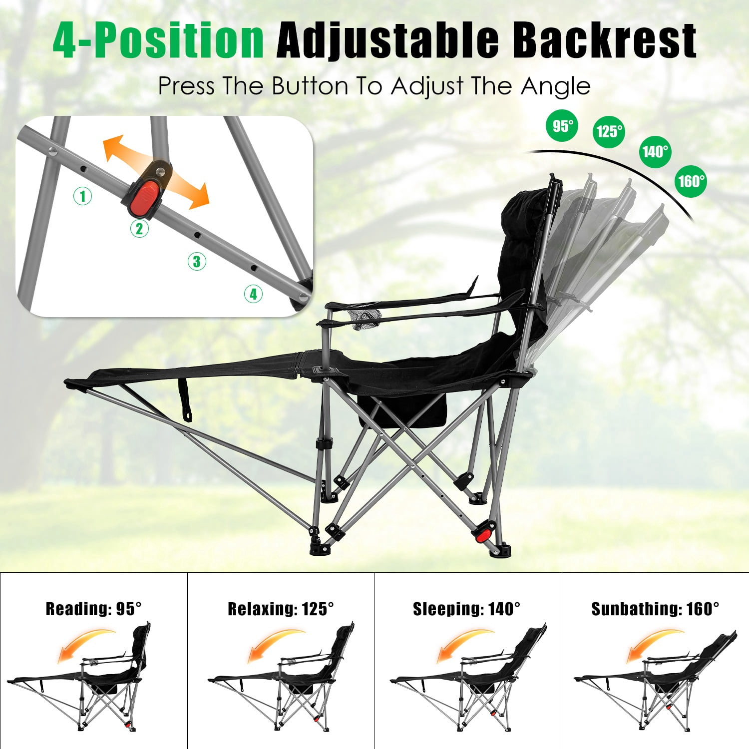 4-Position Reclining Folding Camping Chair with Detachable Footrest, Carbon Steel Frame Waterproof 600D Oxford Lawn Chair with Cup Holder Side Pocket for Fishing Beach Backyard