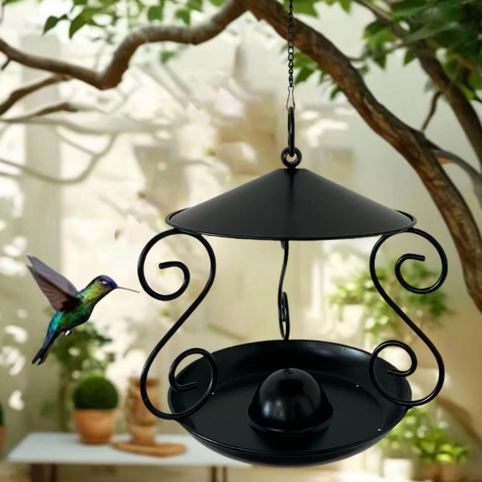 CarpNettore Metal Roof Bird Feeder Feeding Bowl with Rain Cover for Balcony Outside Tree black