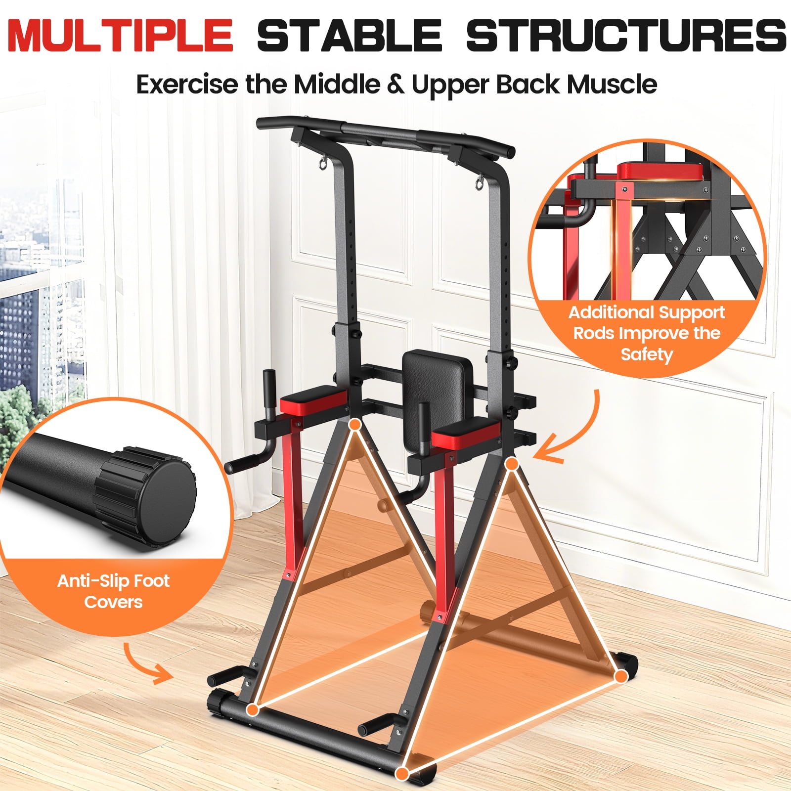 HASIMAN Pull Up Bar Multi-Functional Power Tower Height Adjustable Dip Station for Gym Strength Training Equipment Stable Triangular Design 350 LBS Weight Capacity