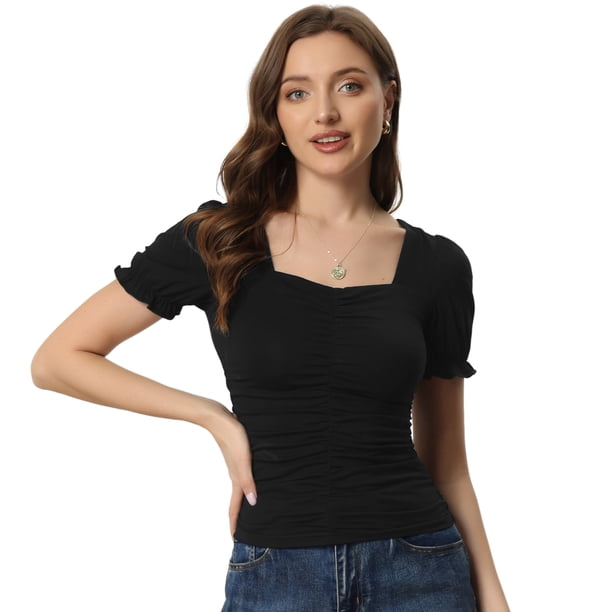 Top Corto Con Pliegues Y Purpurina Elegante Con Manga Abullonada Y Cuello Cuadrado Para Mujer Negro XS