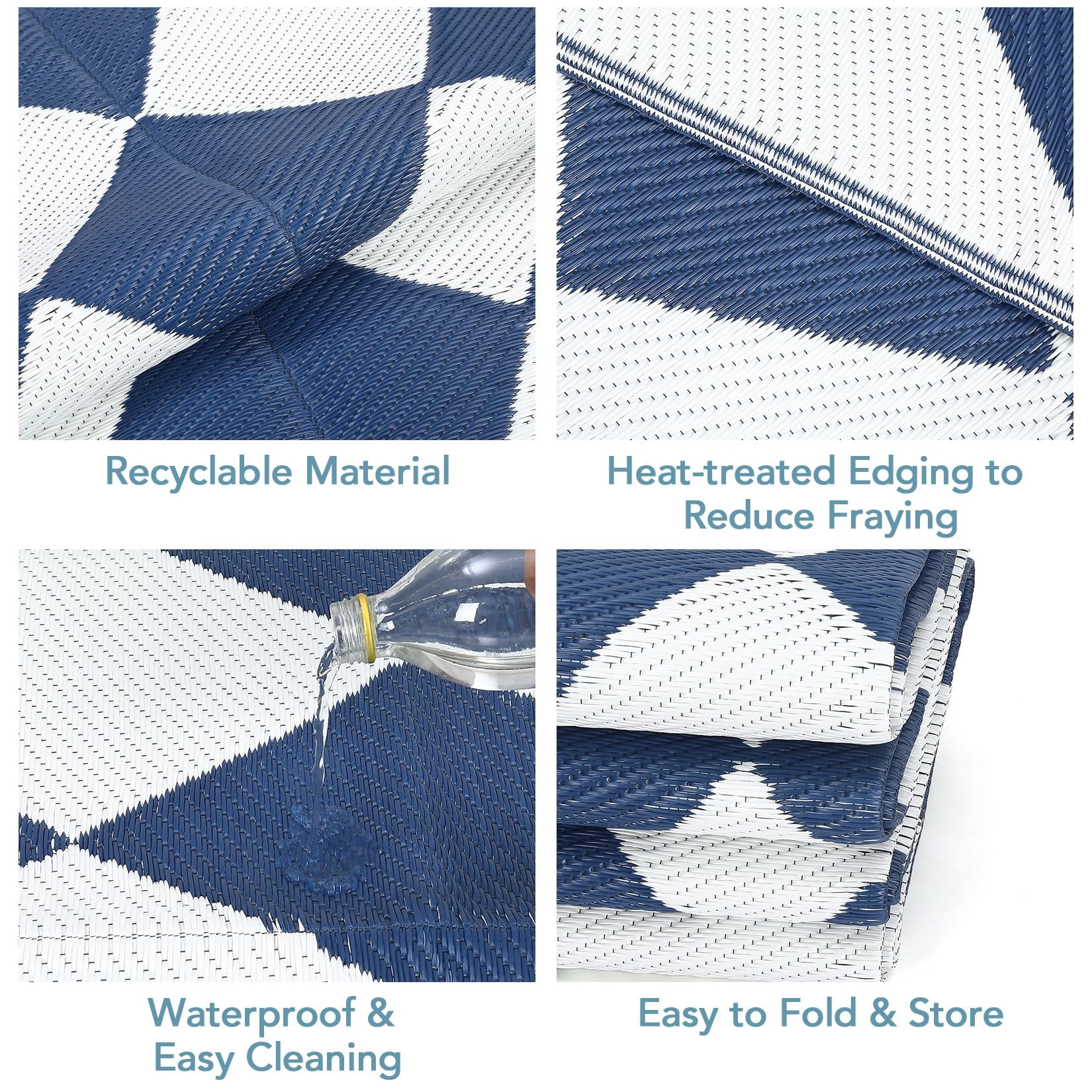 Volkmi Outdoor Rug–Waterproof Reversible Plastic Straw Patio Mat, Modern Geometric & Checkered, Easy Clean, Collapsible with Carry Bag, Navy/White, for Camping, Beach – 9*12ft