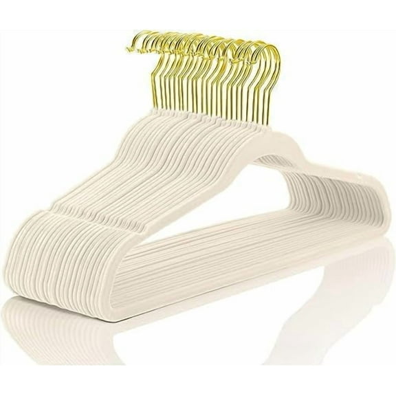 MIZGI Premium Velvet Hangers Pack 60 Pcs Heavyduty - Non Slip Slimline - Velvet Suit Hanger Ivory - Gold Hooks,Space Saving Clothes Hanger
