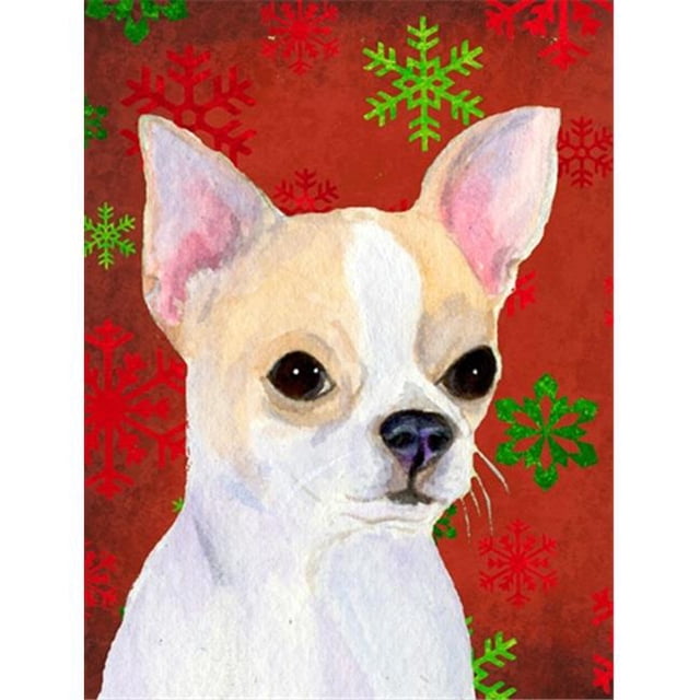 11 x 15 Po. Drapeau de Noël Chihuahua Flocons de Neige Rouges et Verts Taille Jardin