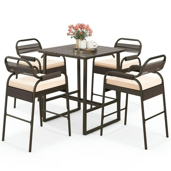Aimee Lii 5 Piece Rattan Counter Set with 4 Stools, Modern Patio Furniture for Outdoor Backyard Pool Deck-Brown