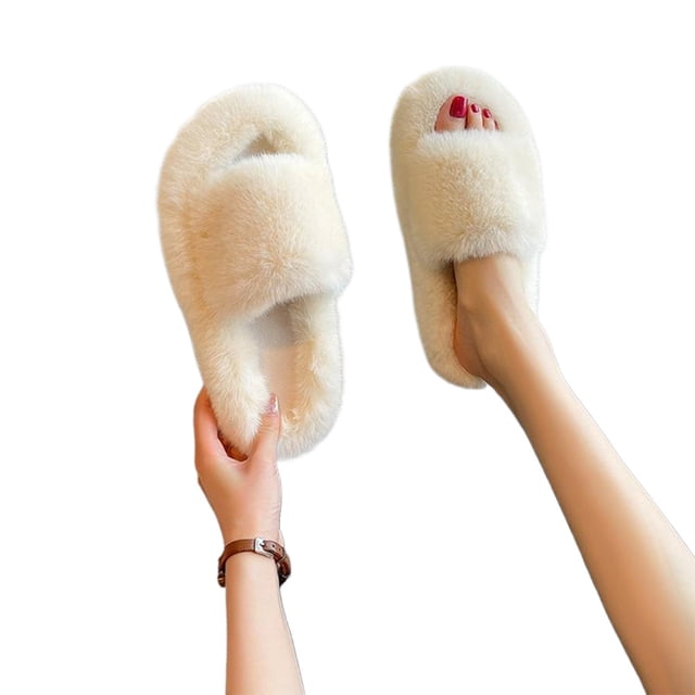 Pantuflas Casa Viscoelástica Con Forro Piel Sintética Peluda Y Esponjosa para Mujer Punta Abierta