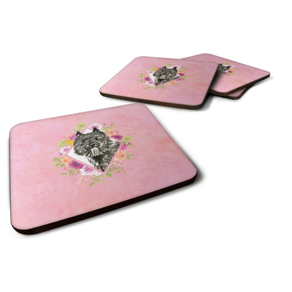 Carolines Treasures CK4256FC Bouvier des Flandres Pink Flowers Foam Coaster Set of 4 3 1/2 x 3 1/2 multicolor