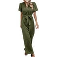 thumbnail image 1 of Wide Leg Jumpsuits for Women Puff Short Sleeve Crewneck Solid Color Summer Loose Long Pants Outfits Rompers with Belt, 1 of 5