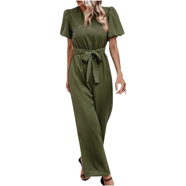 Wide Leg Jumpsuits for Women Puff Short Sleeve Crewneck Solid Color Summer Loose Long Pants Outfits Rompers with Belt