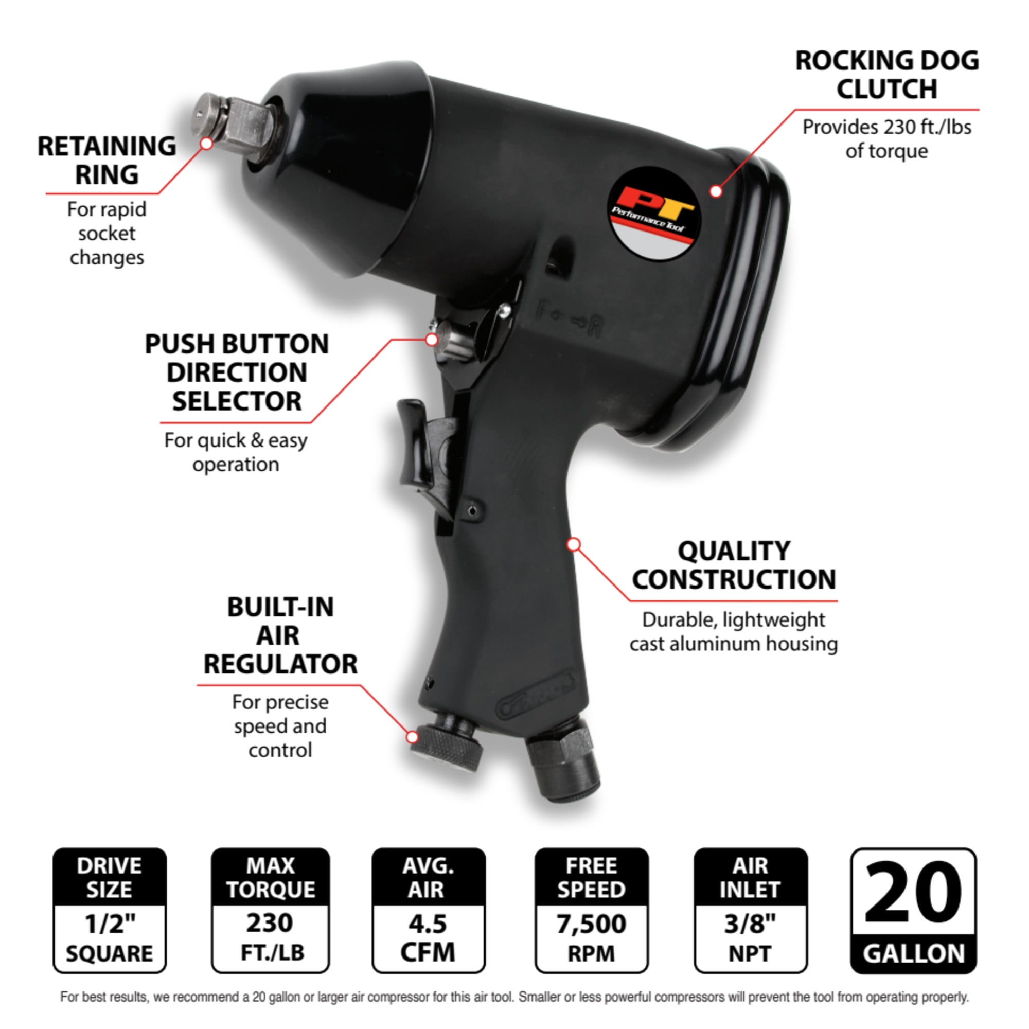 Performance Tool M558DB 1/2-Inch Drive Impact Wrench 230ft/lbs of Torque