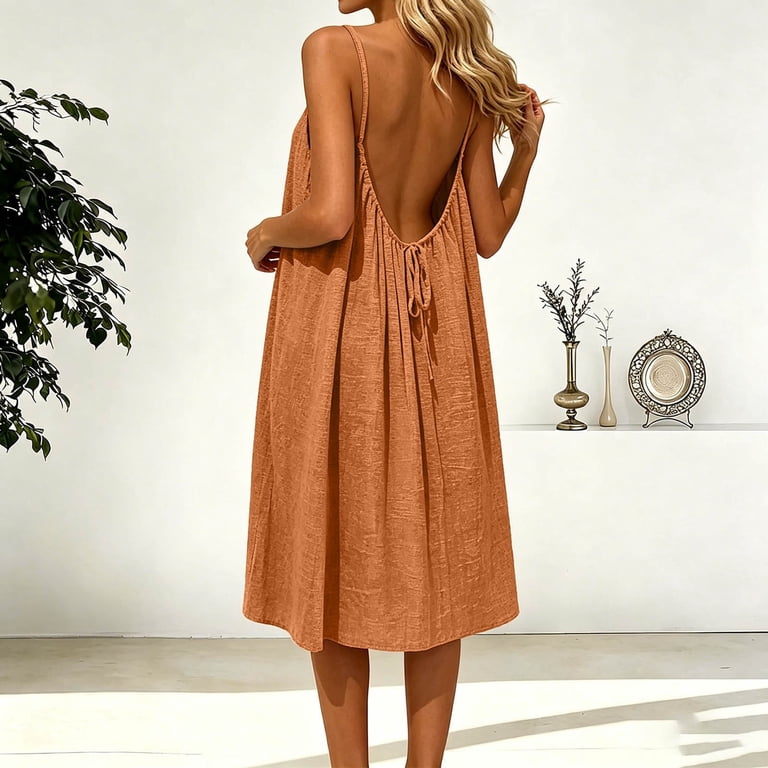backless midi summer dress XIAONU Women's Summer Casual Backless Cami Dress Loose Sleeveless Beach  Vacation Midi Dress
