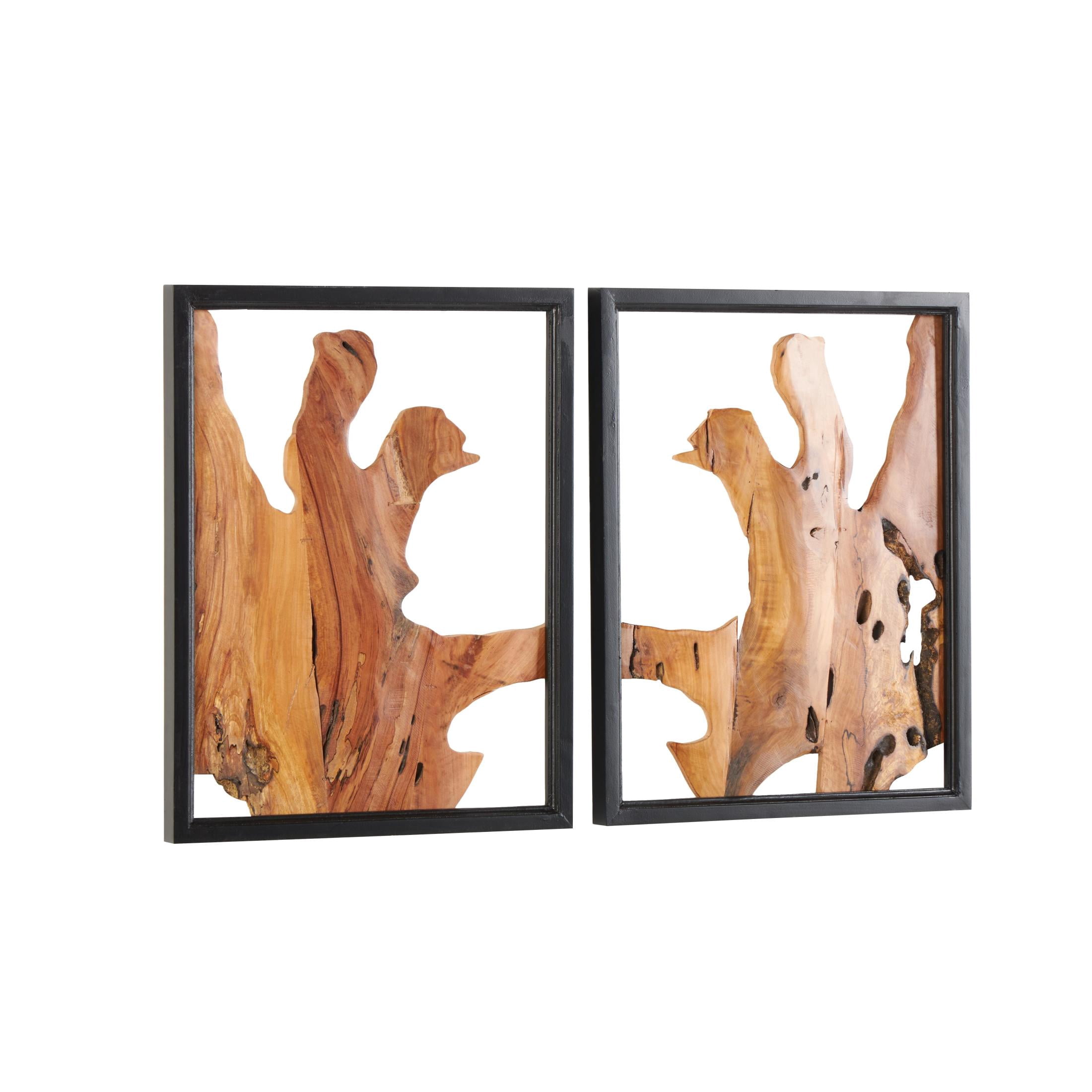 DecMode Brown Wood Handmade Live Edge Abstract Wall Decor with Black Frames (2 Count)