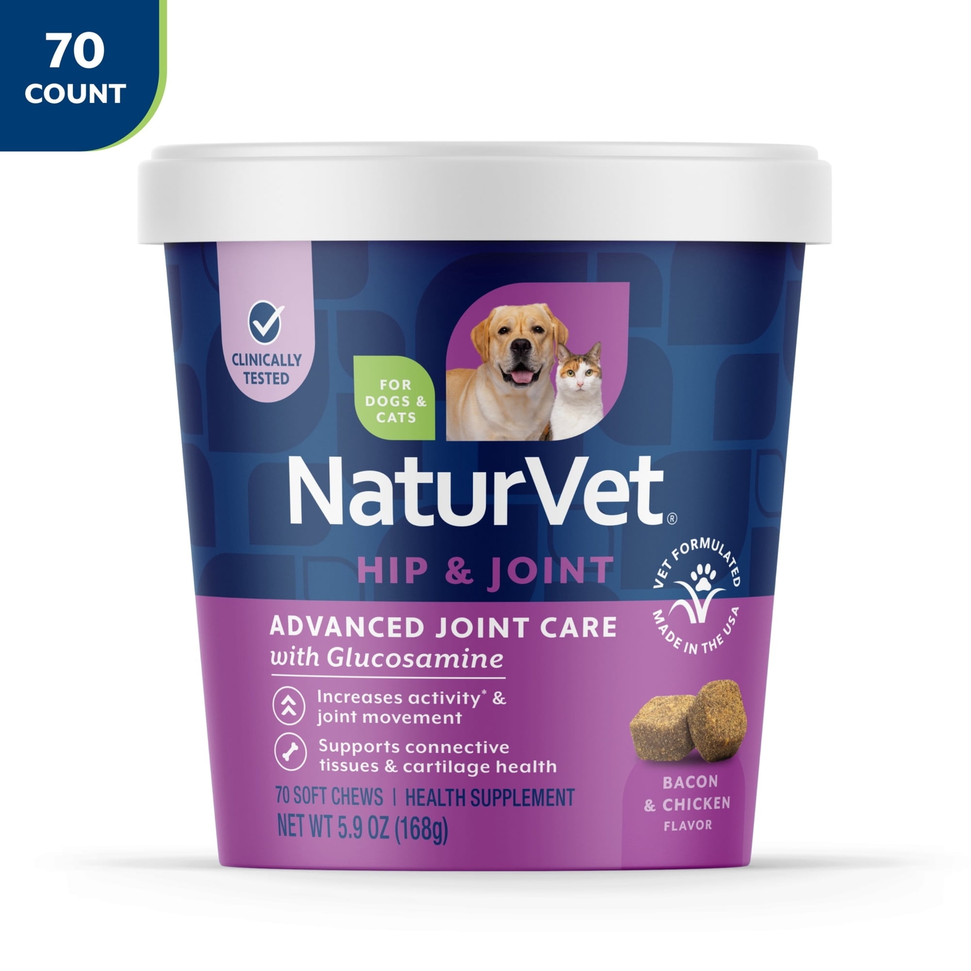 NaturVet Advanced Joint Care Hip & Joint Supplement for Dogs and Cats, Bacon and Chicken Flavor, 70 Count