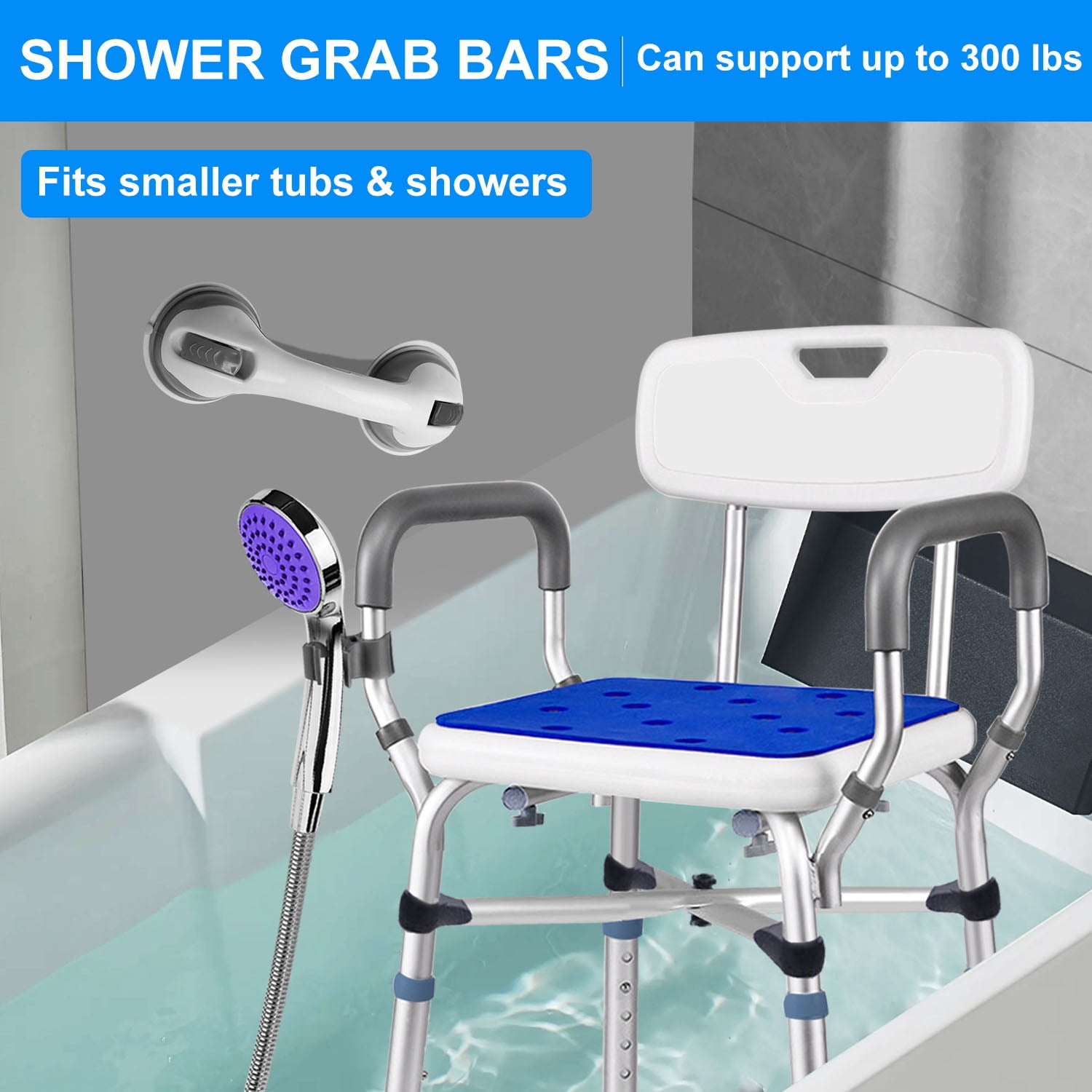Shower Chair, Shower Stool with Shower Grab Bar for Bathtub , Adjustable Shower Seat Supports up to 500 lbs., White