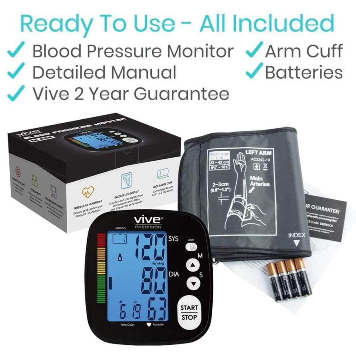 Vive Precision Blood Pressure Monitor – Automatic Upper Arm BP Machine with App for iOS & Android, Large LCD Display, Accurate Heart Rate Sensor, Portable for Home Use, Silver