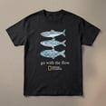 thumbnail image 2 of National Geographic t-shirt with three blue fish graphic and the words 'go with the flow', 2 of 6