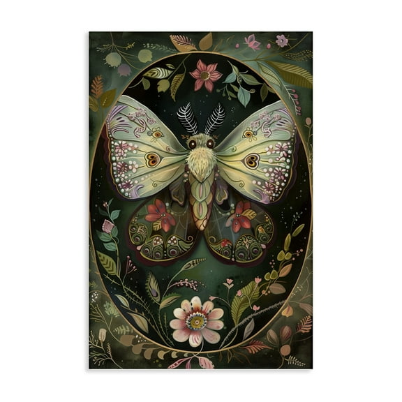 Stupell Industries Green Toned Victorian Moth Floral Painting Wrapped Canvas Canvas Art Print Wall Art, 16 x 24