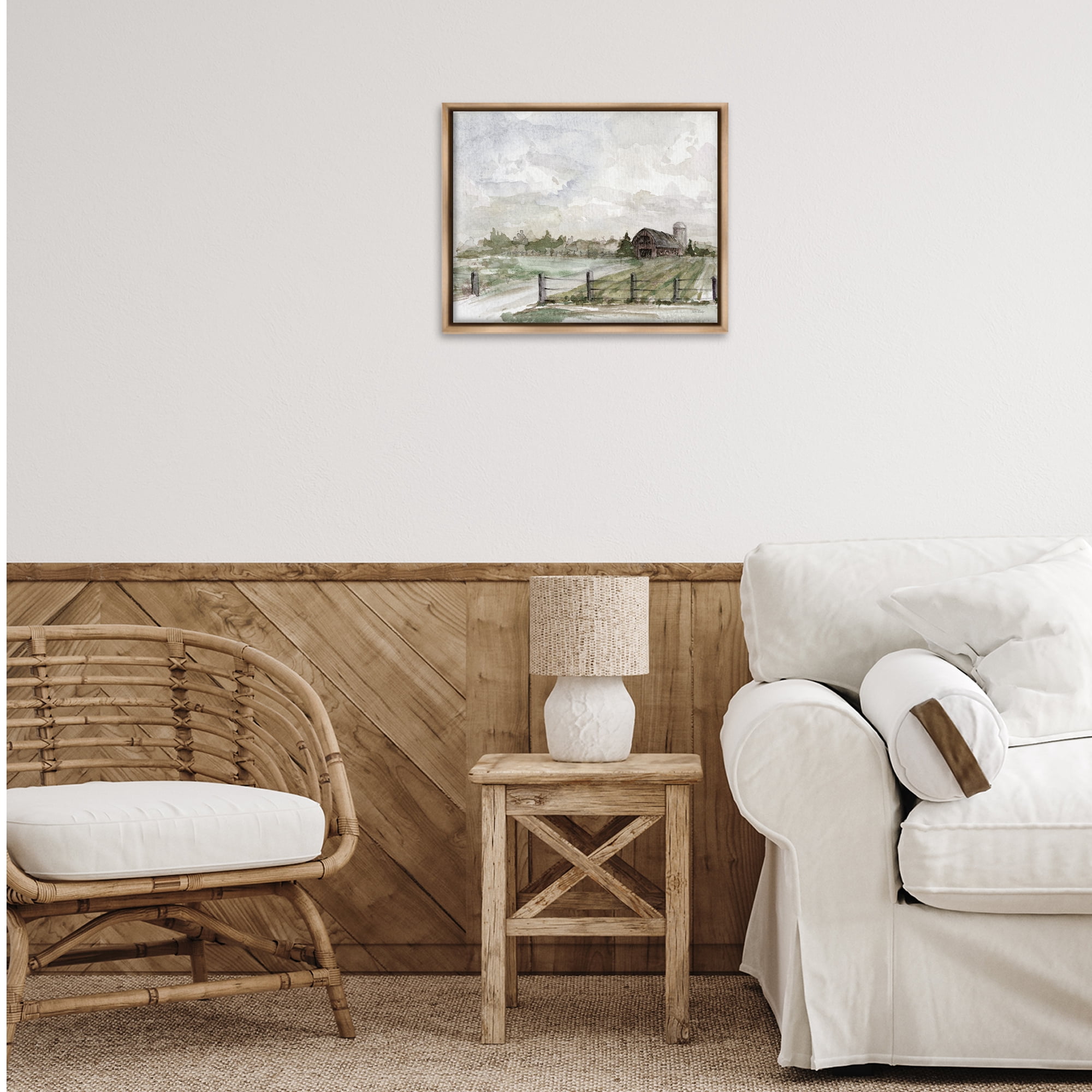 Stupell Industries Rustic Barn & Fence Landscape Painting Brown Floater Framed Canvas Art Print Wall Art, 21 x 17