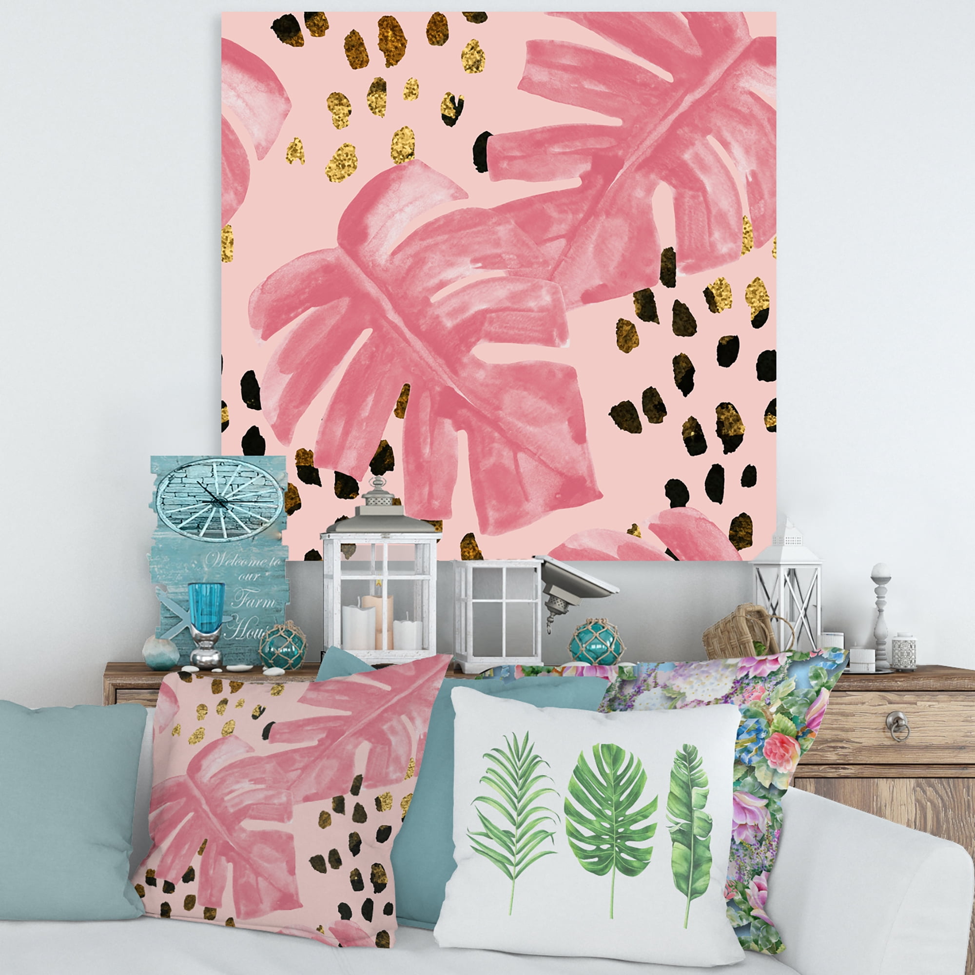 Designart ' Rough Brush Strokes Pink Colored Monstera I ' Tropical Canvas Wall Art Print
