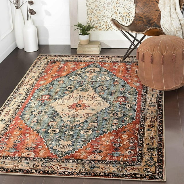 Lahome Boho Rugs for Entrance Mat Indoor, Washable 3x5 Entry Bathroom Door Mat, Vintage Distressed Entryway Rug Non Slip, Oriental Soft Carpet for Kitchen Bedroom Office (Red/Rust/Dull Teal,3 x 5)