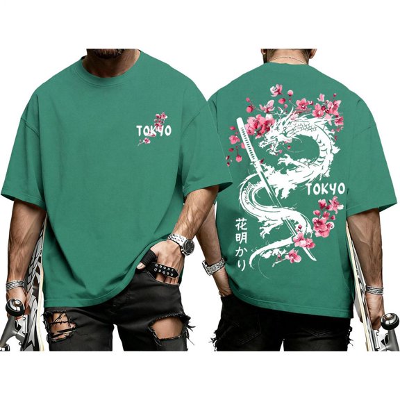 Japanese Tshirt Men Tokyo Flower Print Crew Neck Short Sleeve Dragon T Shirt Fashion Tops Daily Wear