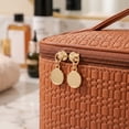 thumbnail image 2 of Large Capacity Travel Makeup Bag, Portable PU Leather Woven Textured Cosmetic Organizer Case with Handle, Wide Open Zipper Makeup Storage Bag with Dividers for Women Travel Daily Use, Brown, 2 of 7