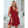 thumbnail image 4 of Womens Spring Summer 2025 Sleeveless Split V Neck Ruffle Chiffon Elegant Mini Short Skirt Dresses Claret M, 4 of 9