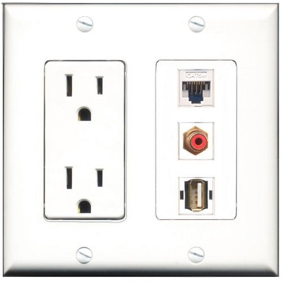 RiteAV - 15 Amp Power Outlet 1 Port RCA Red 1 Port USB A-A 1 Port Cat5e Ethernet White Decorative Wall Plate