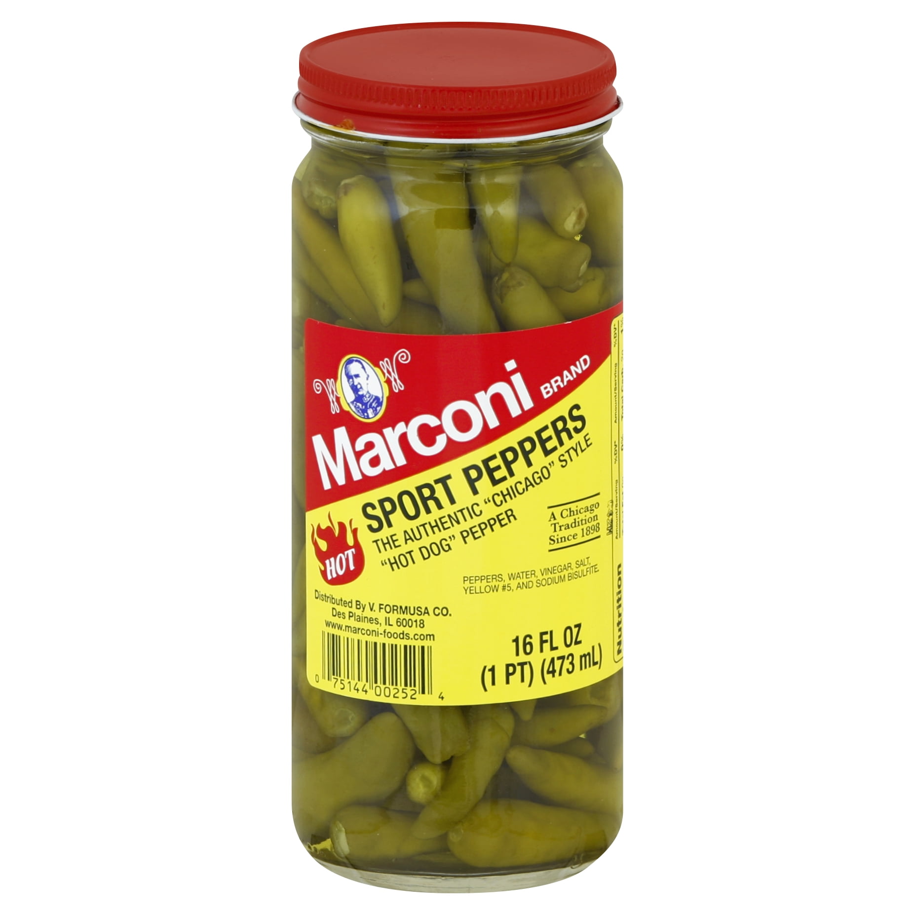 Marconi Hot Sport Peppers, The Chicaco Style Hot Dog Topping, Gluten Free, Shelf-Stable, 16 fl oz Jar