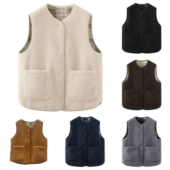Shadoumai Reversible Sherpa Vest for Women Sleeveless Fuzzy Plaid Jacket Winter Button Down Teddy Waistcoat with Pockets