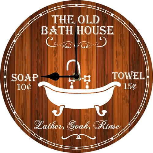 Vintage Bath House Clock Old Bath Sign Farmhouse Wall Decor for Bathroom Toliet Washroom 10x10 Inch Silent Non Ticking Battery Operated Wooden Clock