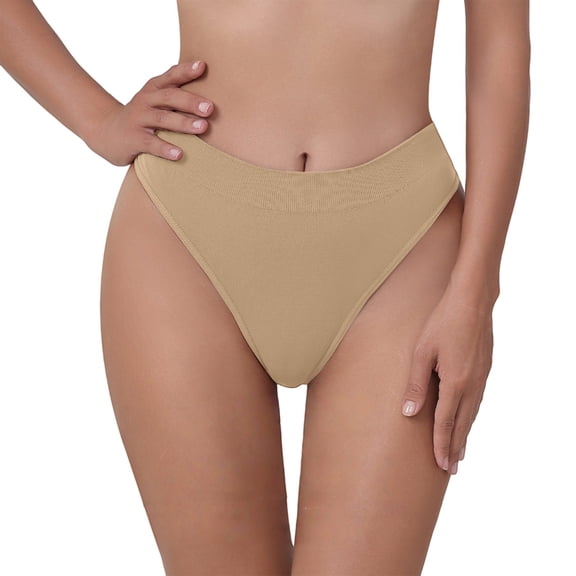 VISALY Women's High Waisted Seamless Bikini Underwear Stretchy No Show Briefs Comfortable Mid-High Rise Panties High Cut Panties Soft Lightweight Stretchy Breathable Comfort Panties Beige L