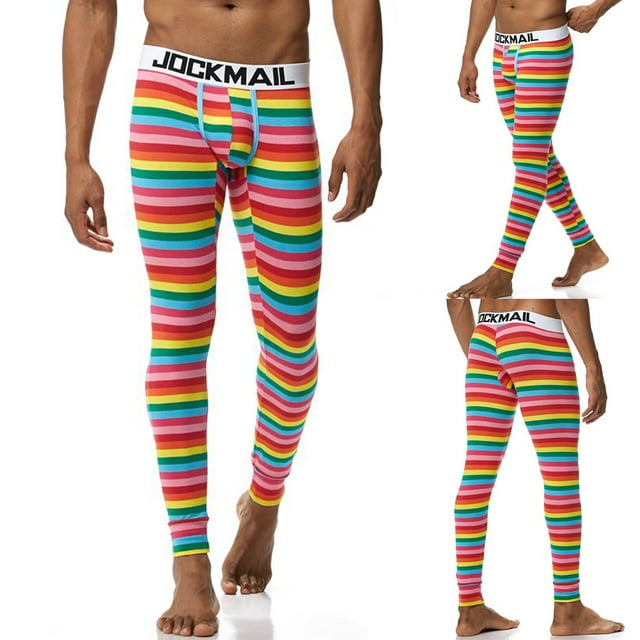 Mens Fashion Trend Base Warm Pants Thin U-Shaped Design Rainbow Pants